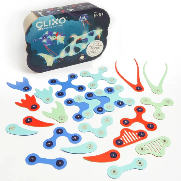 Clixo Steam Toys | Magnetic Construction>Ocean Creatures Glow Pack (24pc)