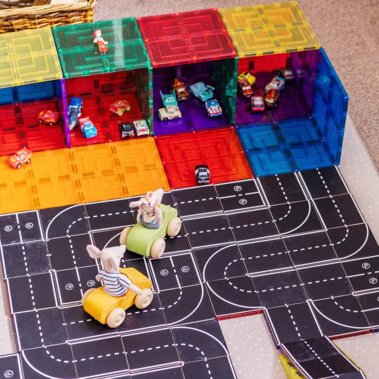 Learn & Grow Transport Toys | Building Sets>Rainbow Magnetic Tiles Toppers - Road Pack 40pc