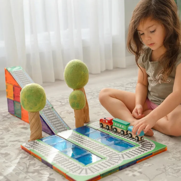 Learn & Grow Building Sets | Transport Toys>Rainbow Magnetic Tiles Toppers - Train Pack 36pc